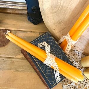 Vintage Set of 3 Orange Candle Sticks NEVER USE With Vintage Lace Ribbon